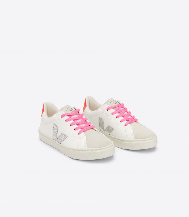 Cadarços Couro Cromado Branco Prata Laranja Fluo Original Veja