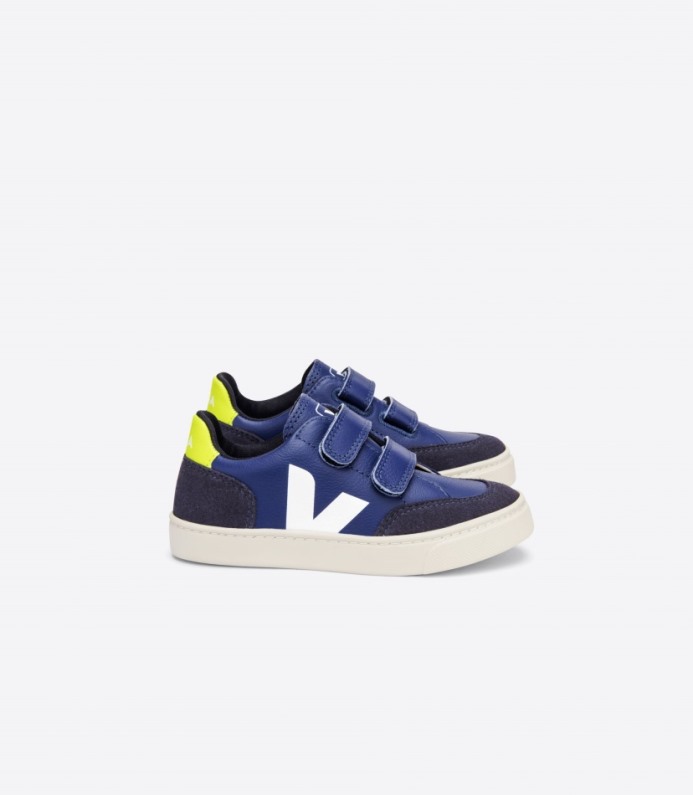 Veja V-12 Couro Sem Cromo Branco Cobalto Jaune Fluo