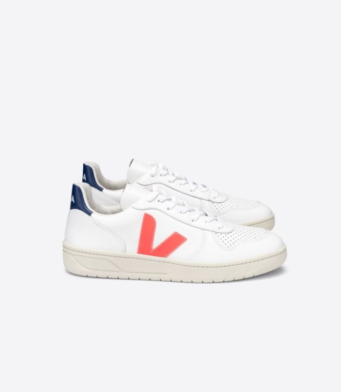 Veja V-10 Couro Branco Laranja Fluo Cobalto