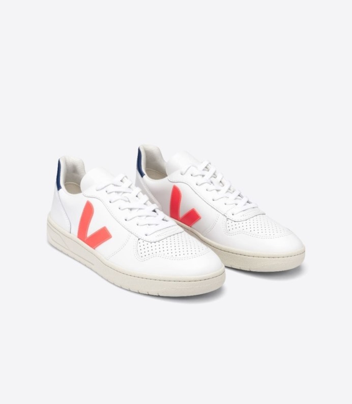 Veja V-10 Couro Branco Laranja Fluo Cobalto