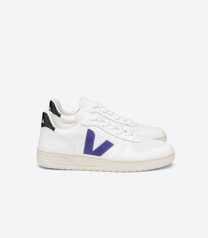Veja V-10 Couro Branco Roxo Preto